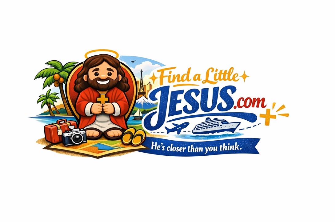 Illustration of a smiling figurine with a halo, palm trees, a suitcase, and a cruise ship